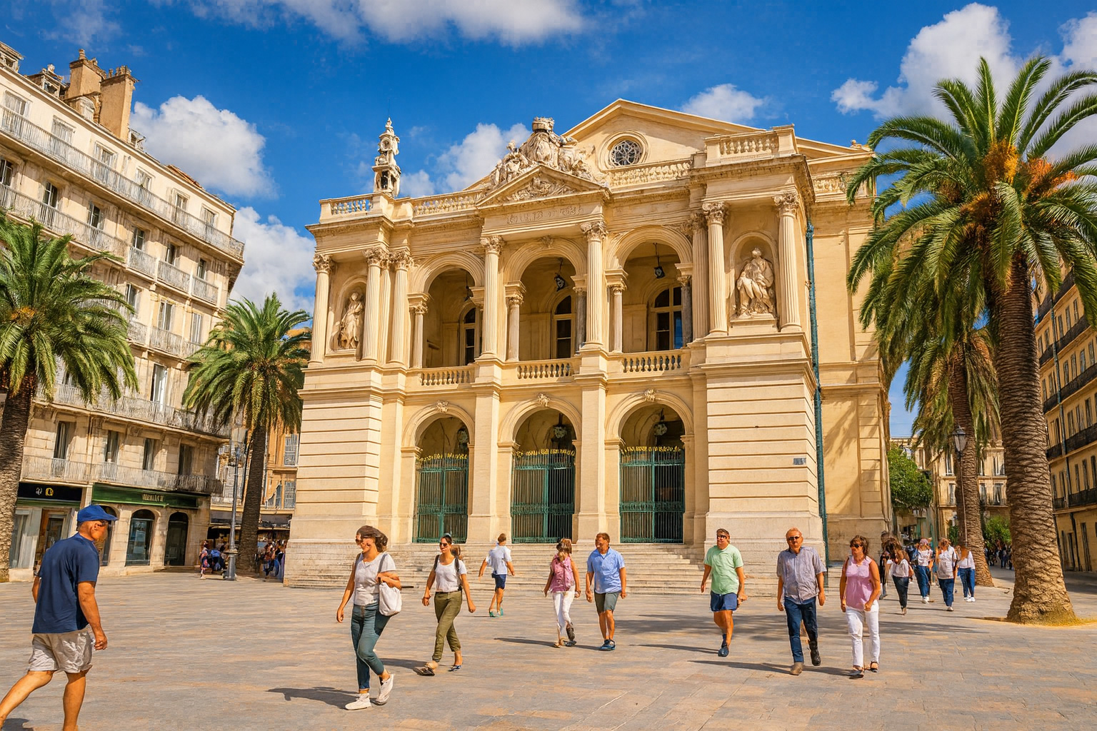 Place Victor Hugo in Toulon mit der Opéra de Toulon, umgeben von Palmen und Spaziergängern unter malerischen weiß-grauen Wolken im Sonnenschein.