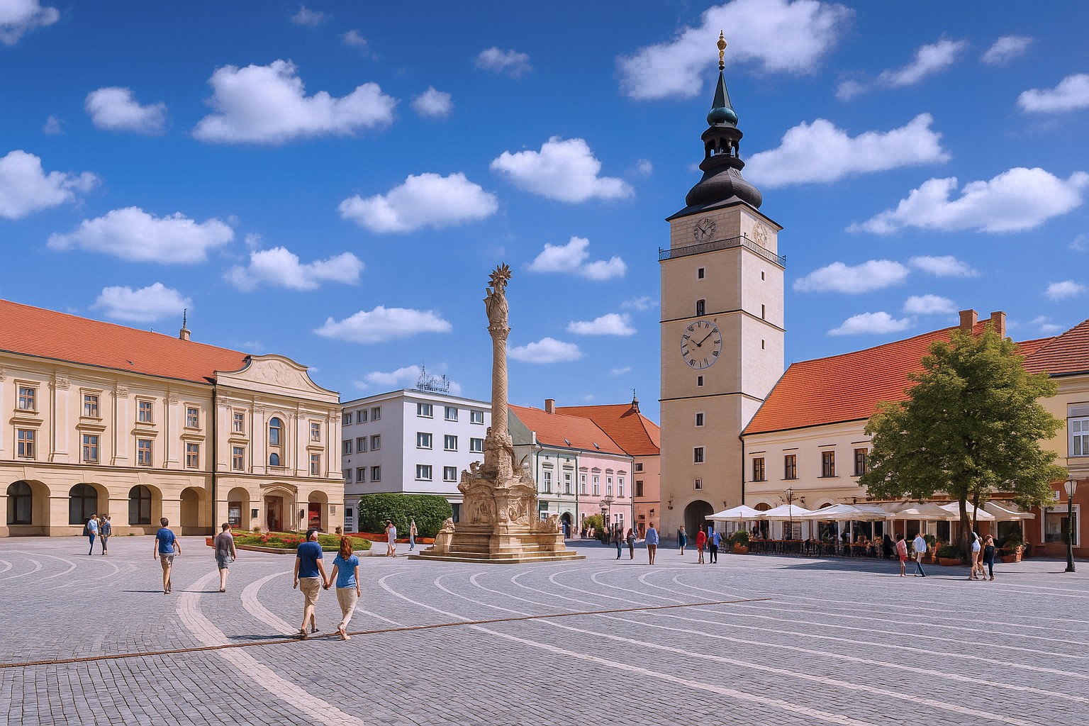 Hauptplatz in Trnava mit dem historischen Stadtturm, barocken Gebäuden, Plague-Säule und Spaziergängern unter blauem Himmel mit weißen Wolken.