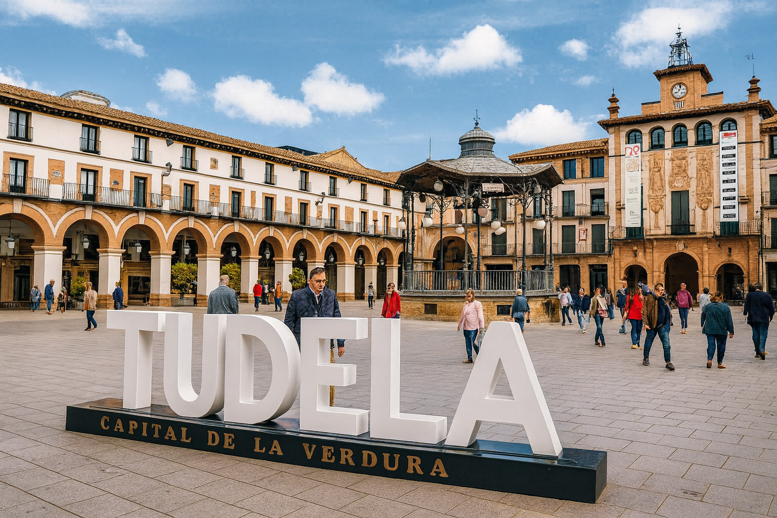 Plaza de los Fueros in Tudela mit der weißen TUDELA-Schriftinstallation, Spaziergängern auf dem Platz und sonnigem Himmel mit weißen Wolken.
