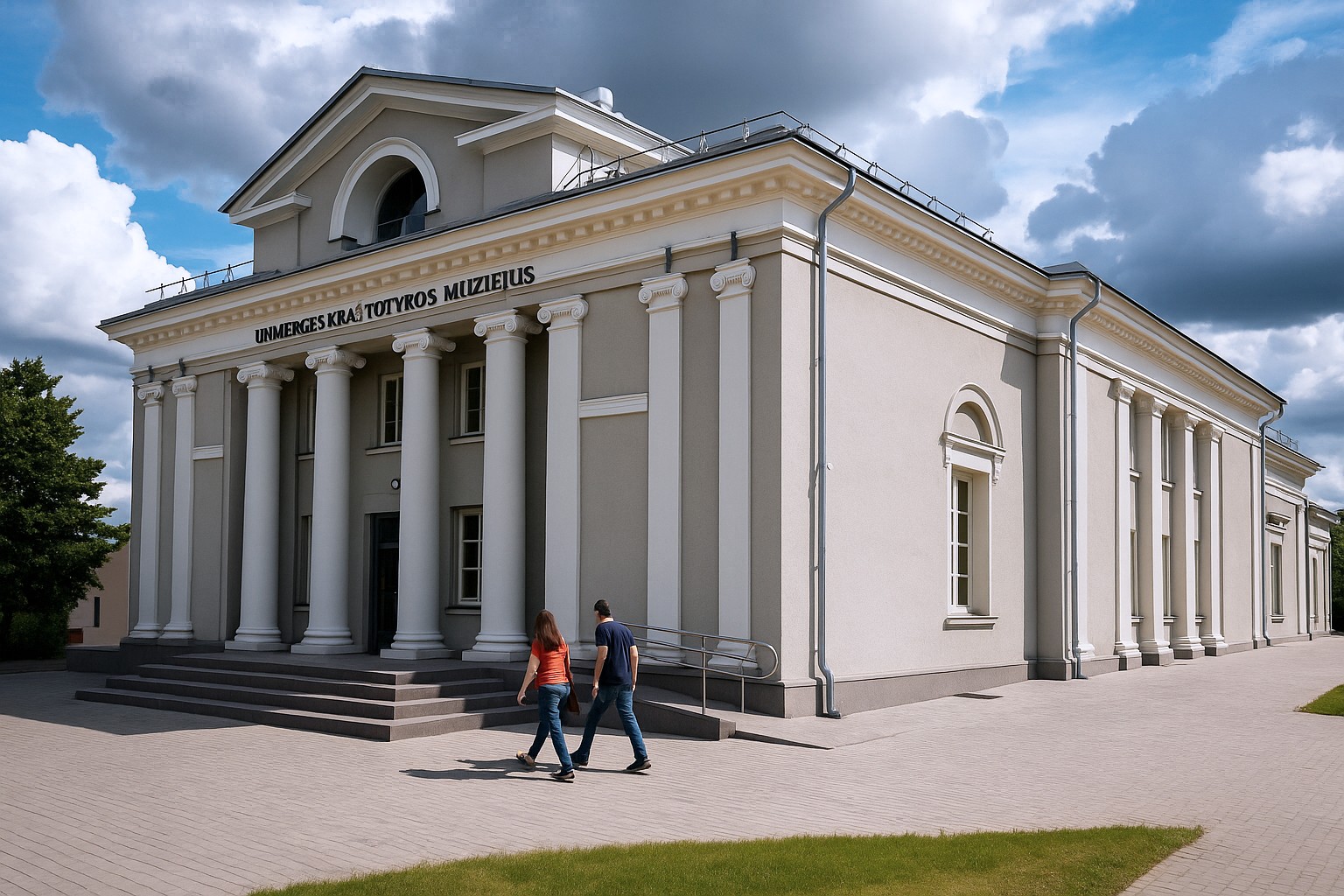 Ukmerge Ethnographisches Museum in Litauen bei normalem Tageslicht mit malerischen, teils dunklen Wolken, zwei Personen gehen die Treppe zum Eingang hinauf.