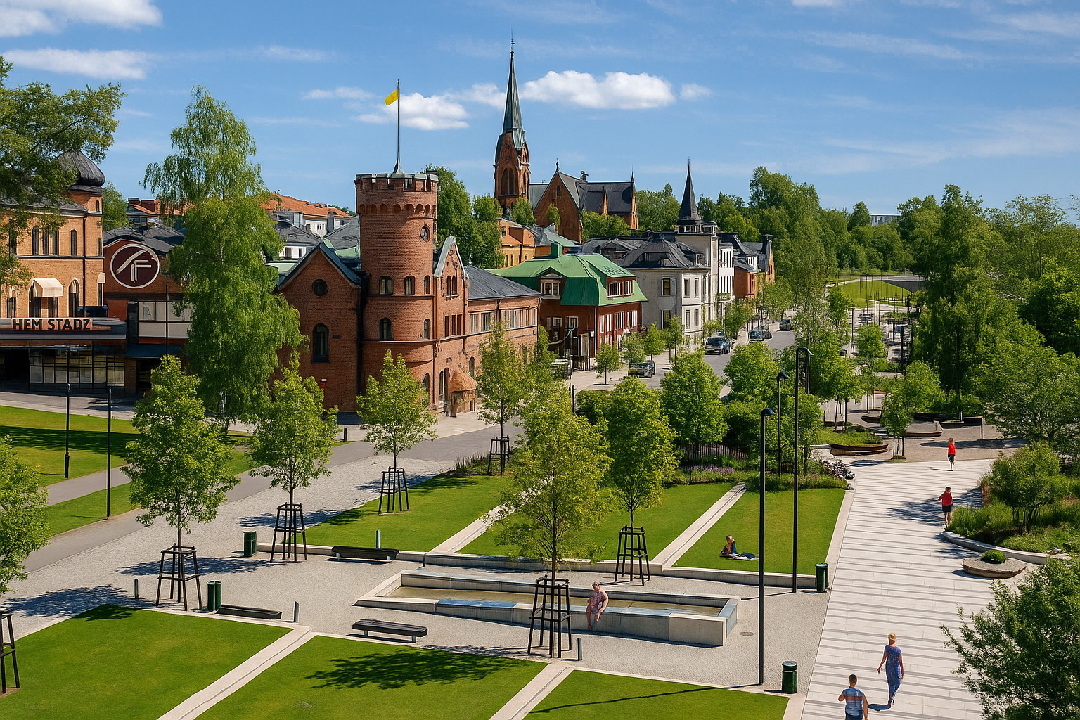 Stadtpark in Umeå mit gepflegten Grünanlagen, Spaziergängern und der historischen Backsteinarchitektur im Hintergrund unter blauem Himmel mit weißen Wolken.