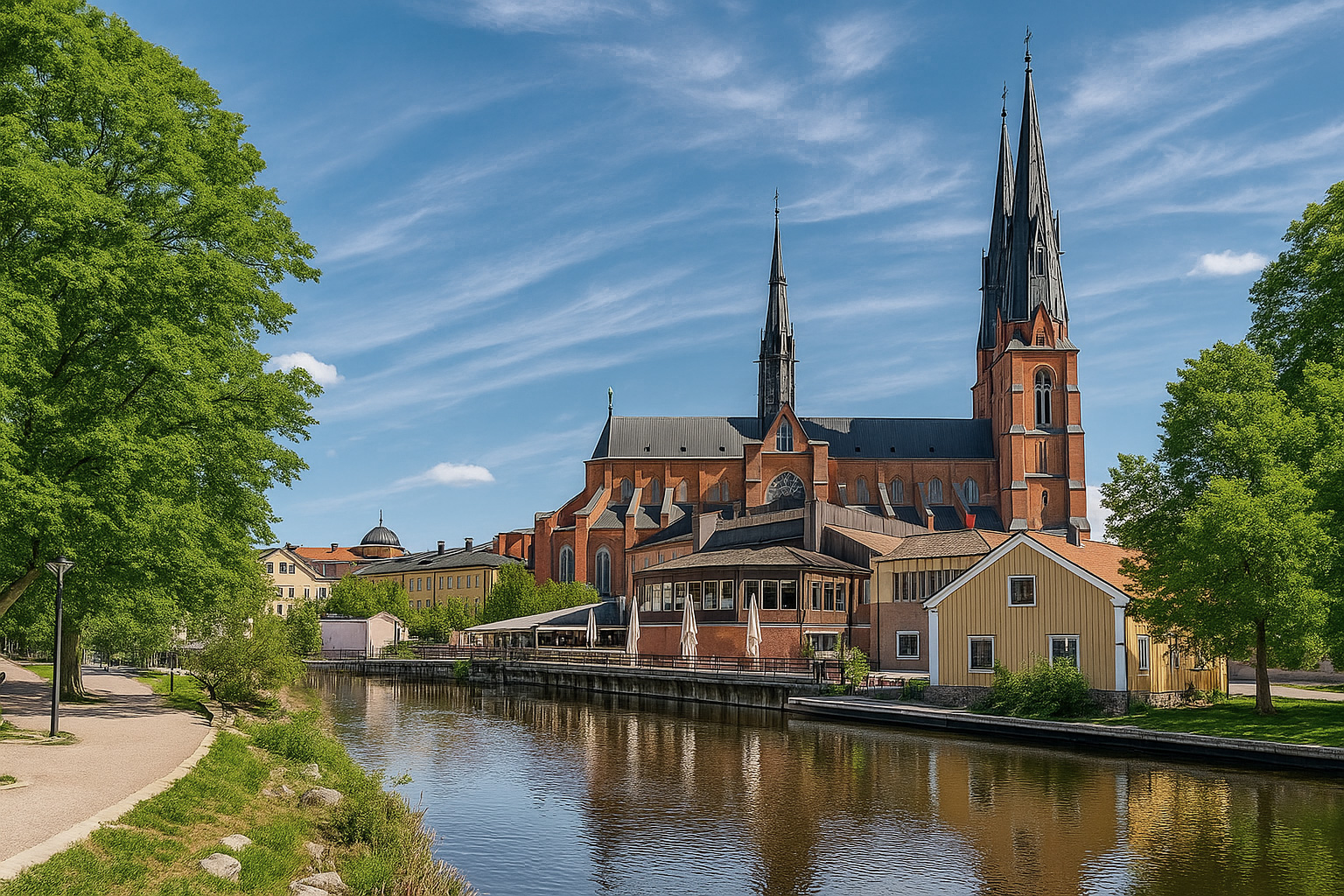 Uferpromenade in Uppsala mit Blick auf die Domkirche, umgeben von sommerlich grünen Bäumen und Spiegelung im Fluss unter einem Himmel mit Zirrus- und Kumuluswolken.