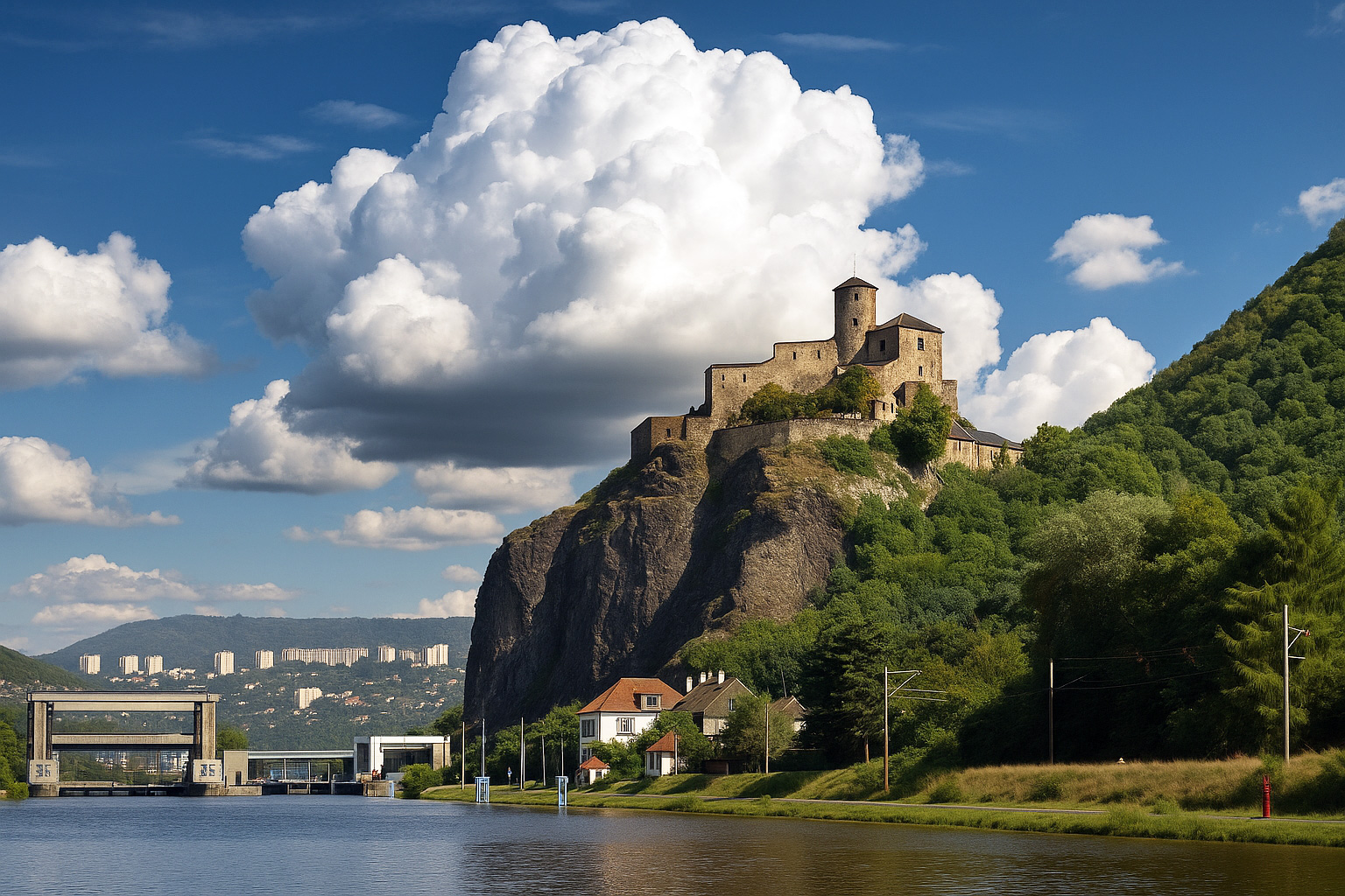 Střekov Burg in Ústí nad Labem auf einem Felsen über der Elbe, bei strahlender Mittagssonne mit malerischen weißen Wolken und grüner Umgebung.