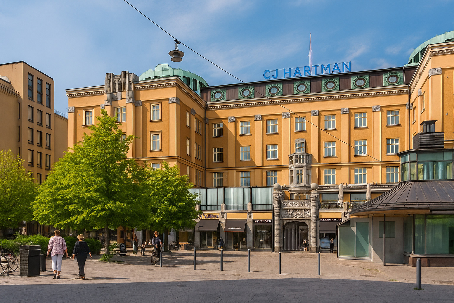 Hartmann-Haus in Vaasa mit ockerfarbener Fassade, grünen Kuppeldächern und belebtem Stadtplatz unter blauem Himmel mit weißen Wolken.