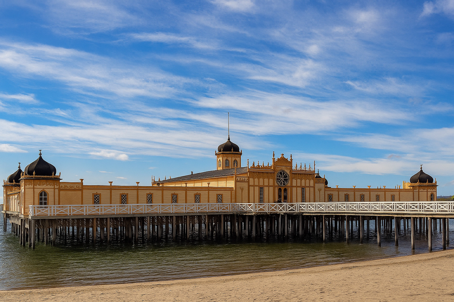 Blick auf das Kaltbadehaus in Varberg am Strand mit seiner historischen Holzarchitektur und dem Himmel mit Zirrus- und Kumuluswolken.