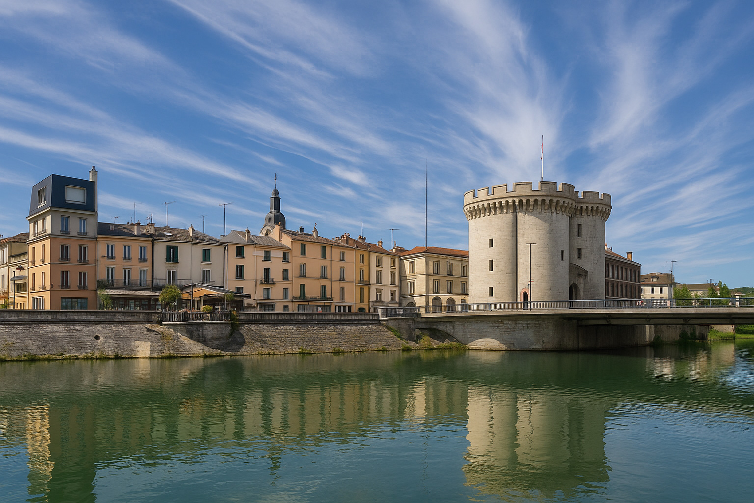 Panorama der Altstadt von Verdun mit der Porte Chaussée und den historischen Häusern am Flussufer unter einem Himmel mit Zirrus- und Cumuluswolken bei Sonnenlicht.