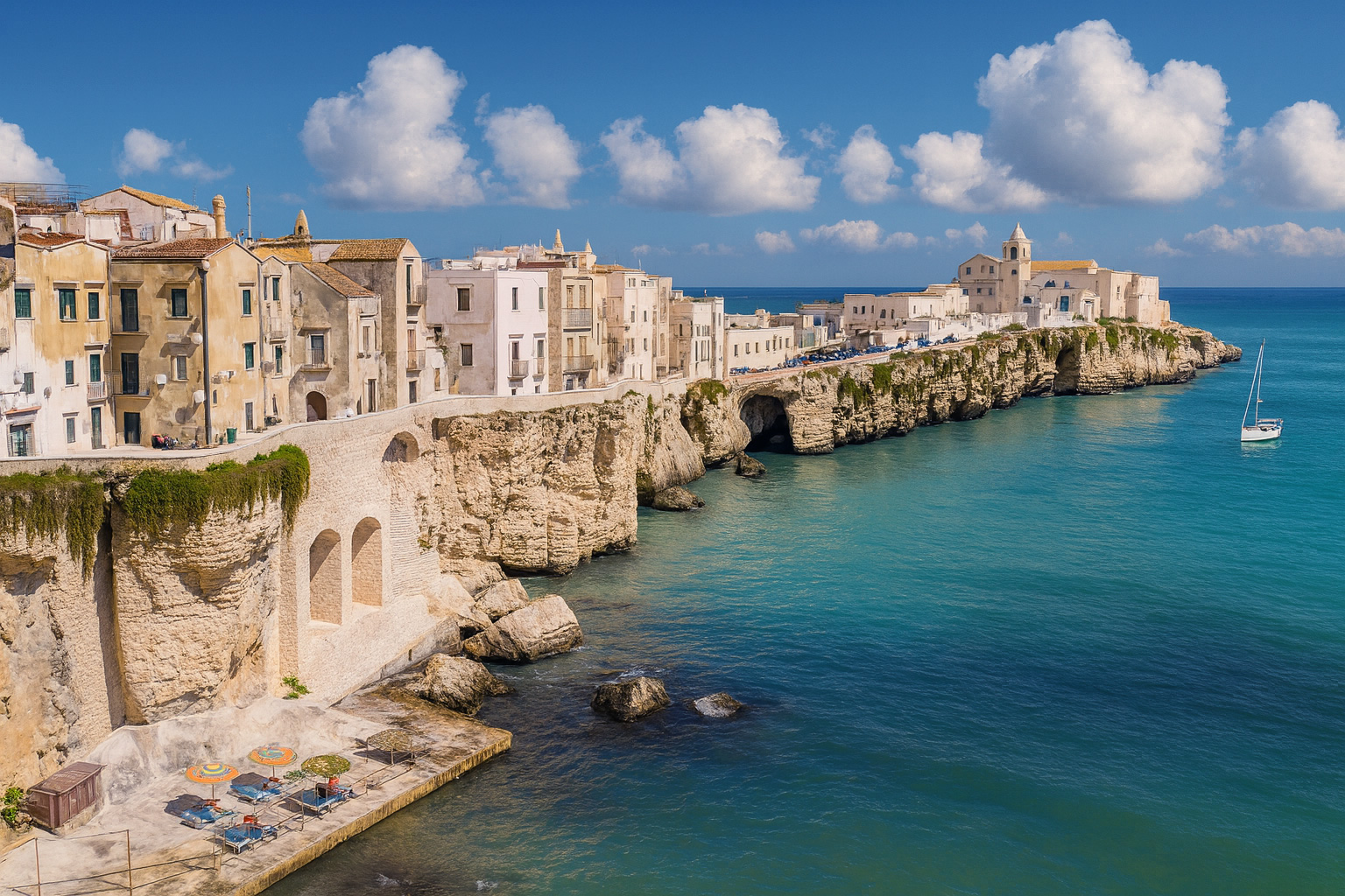 Panorama der Altstadt von Vieste auf den Felsen mit Blick auf das türkisfarbene Meer, malerischen weiß-grauen Wolken und einer kleinen Segelyacht im Sonnenschein.