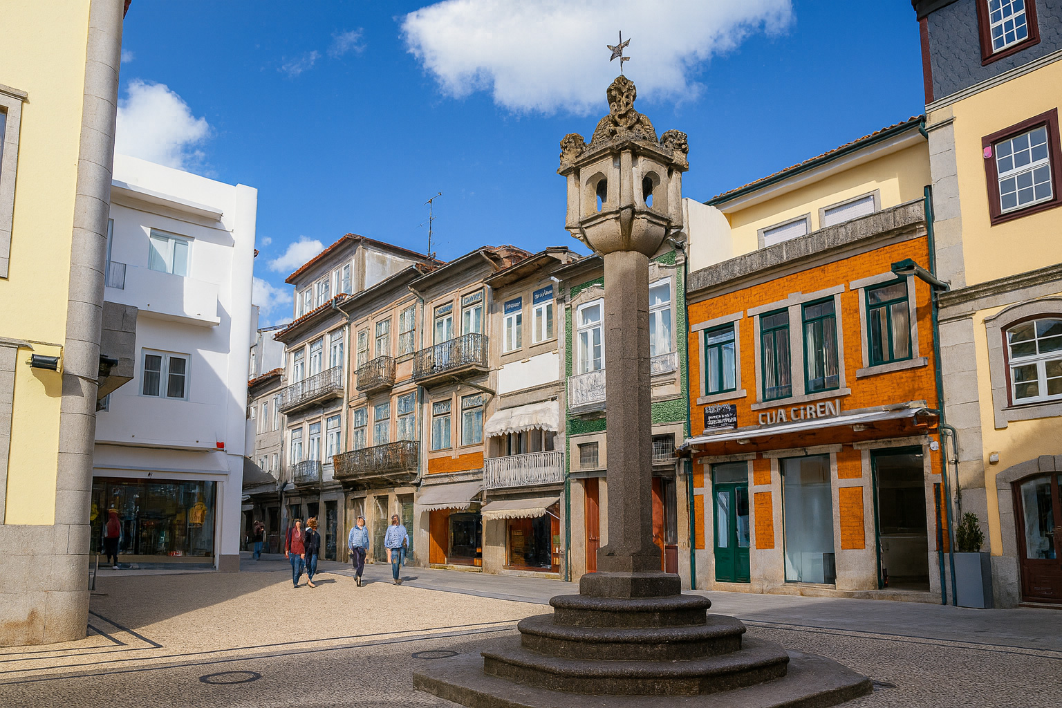 Pelourinho de Vila Real auf einem sonnigen Platz in der Altstadt von Vila Real, umgeben von farbenfrohen historischen Gebäuden und Spaziergängern bei klarem Himmel mit malerischen weiß-grauen Wolken.