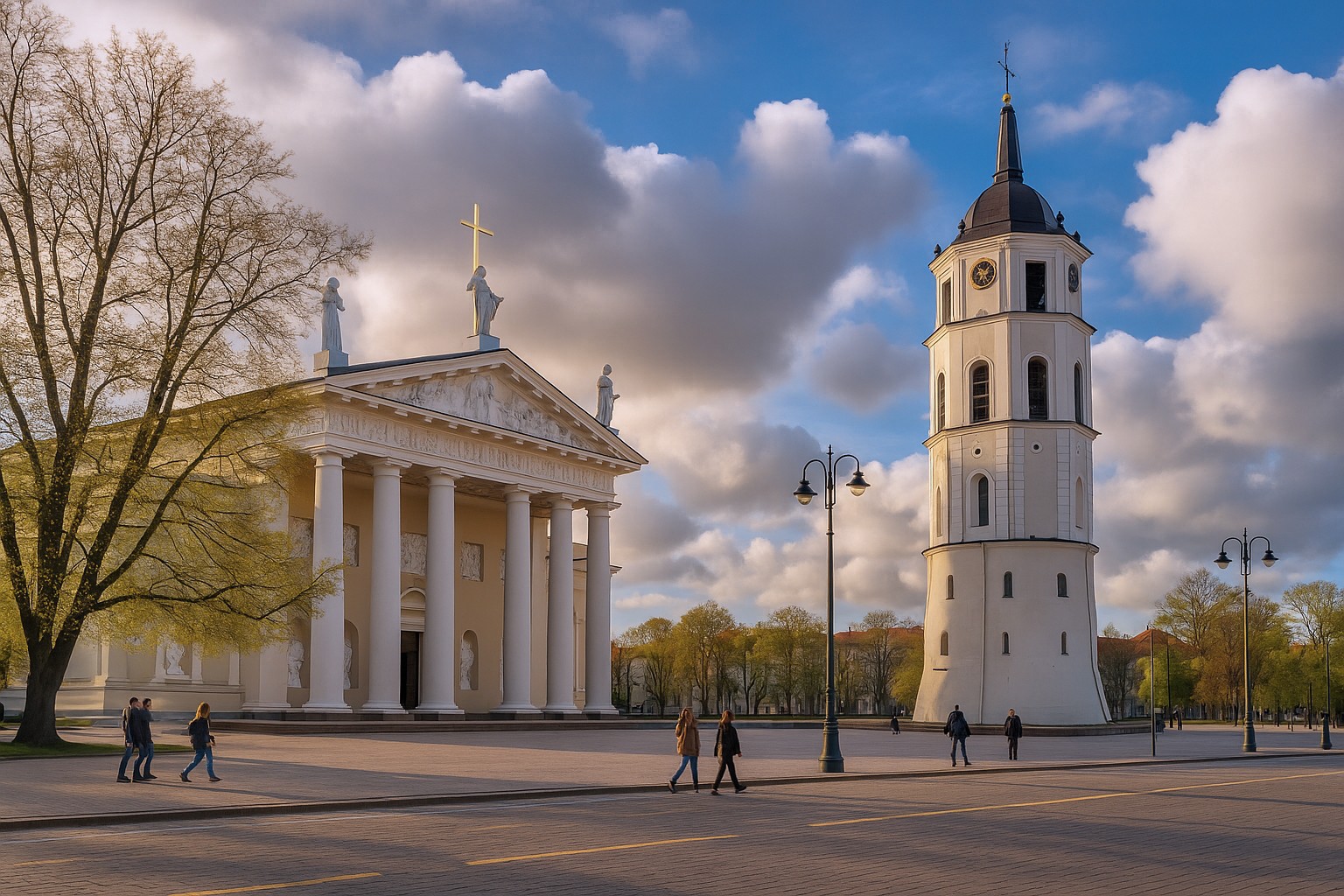 Vilnius Kathedrale mit Glockenturm in Litauen im klaren Sonnenlicht mit malerischen, teils dunklen Wolken, mehrere Spaziergänger gehen über den Platz.
