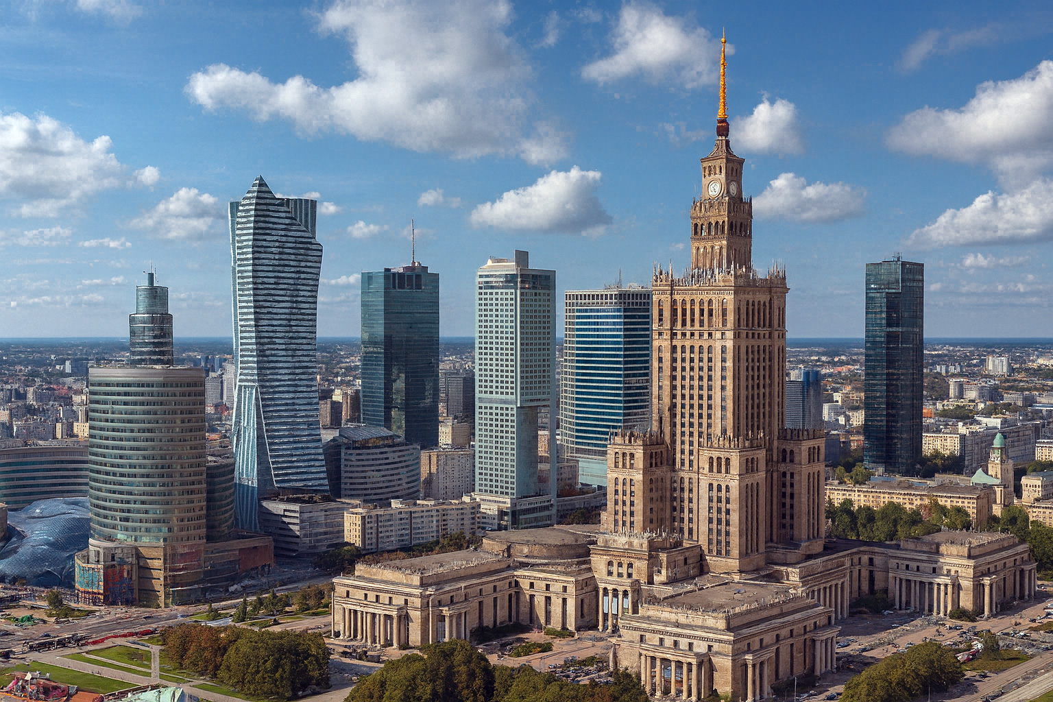 Kulturpalast in Warschau in Polen mit der Skyline von oben.