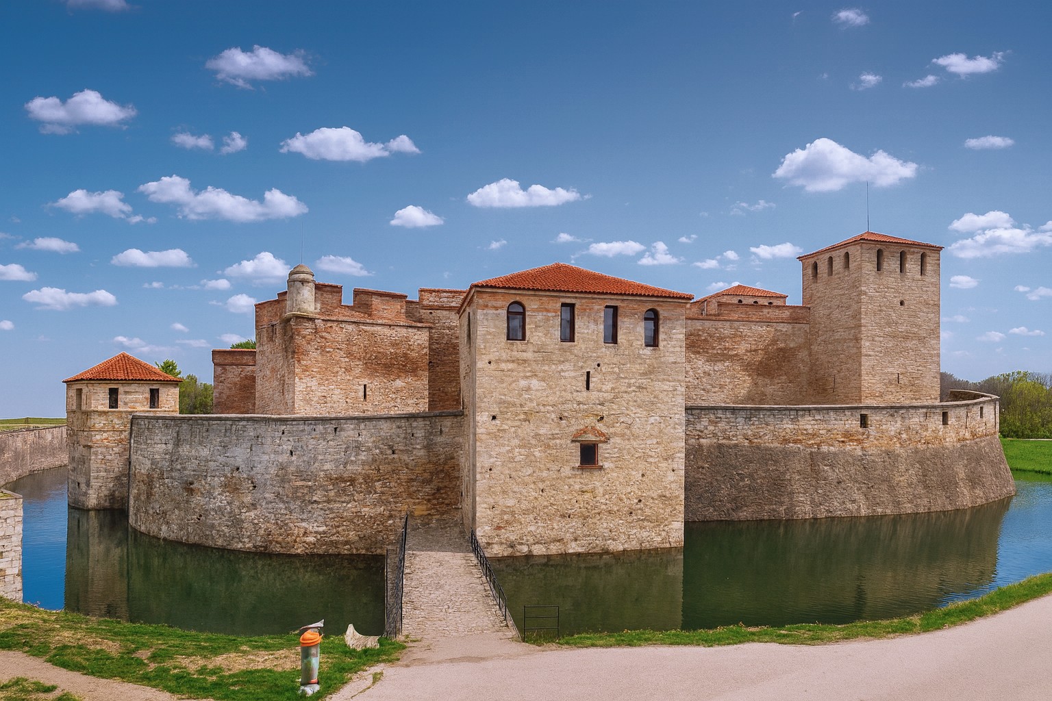 Festung Baba Vida in Widin bei bestem Tageslicht mit blauem Himmel und weißen Wolken, umgeben von Wassergraben und grüner Landschaft.