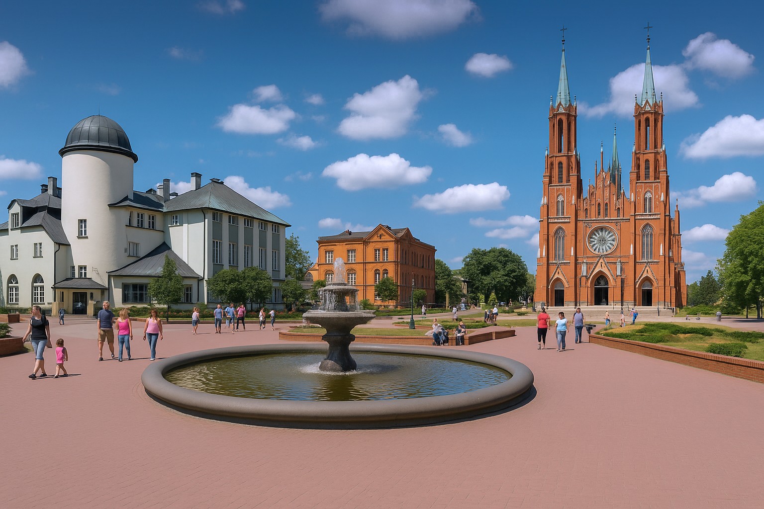 Plac św. Jana Pawła II in Żyrardów in Polen mit Dom Ludowy links und Kirche Parafia p.w. Matki Bożej Pocieszenia rechts, im besten Sonnenschein mit malerischen Wolken, belebter Brunnenplatz mit Spaziergängern.