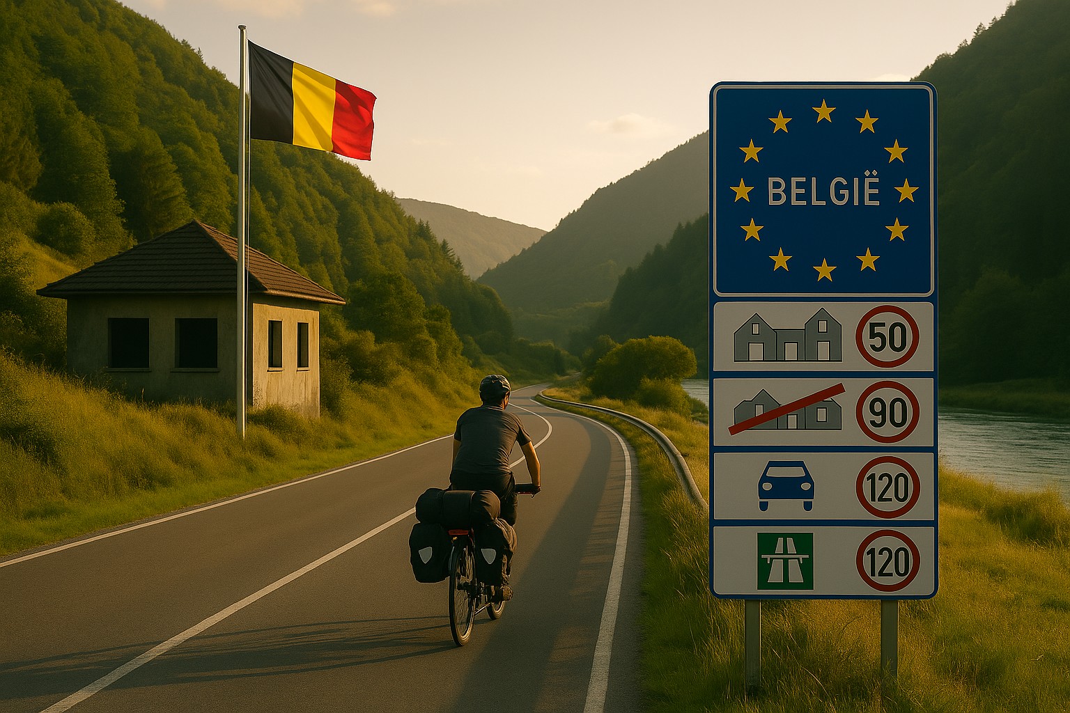Der Grenzübergang zu Belgien mit Hinweistafel zu den Verkehrsregeln und der Flagge von Belgien. Ein Bikepacker radelt dem Sonnenlicht entgegen.