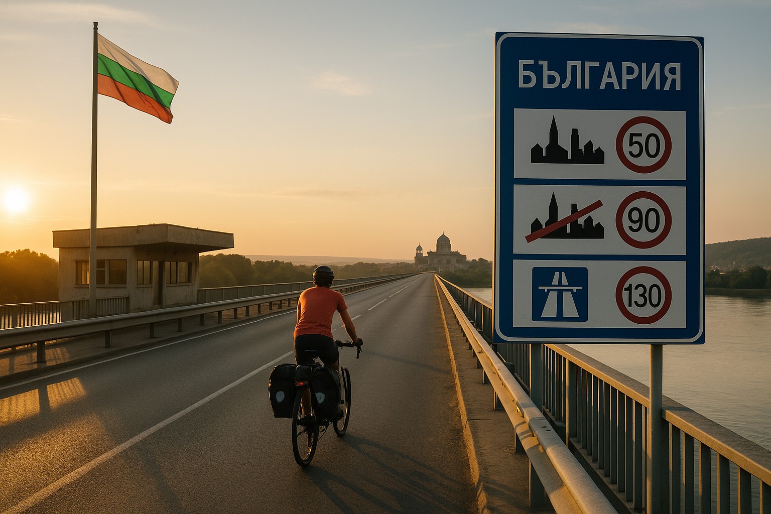 Der Grenzübergang zu Bulgarien mit Hinweistafel zu den Verkehrsregeln und der Flagge von Bulgarien. Ein Bikepacker radelt dem Sonnenlicht entgegen.