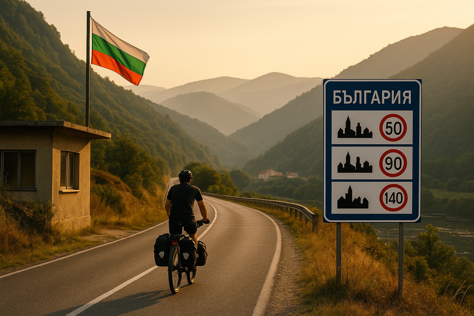 Der Grenzübergang zu Bulgarien mit Hinweistafel zu den Verkehrsregeln und der Flagge von Bulgarien. Ein Bikepacker radelt dem Sonnenlicht entgegen.