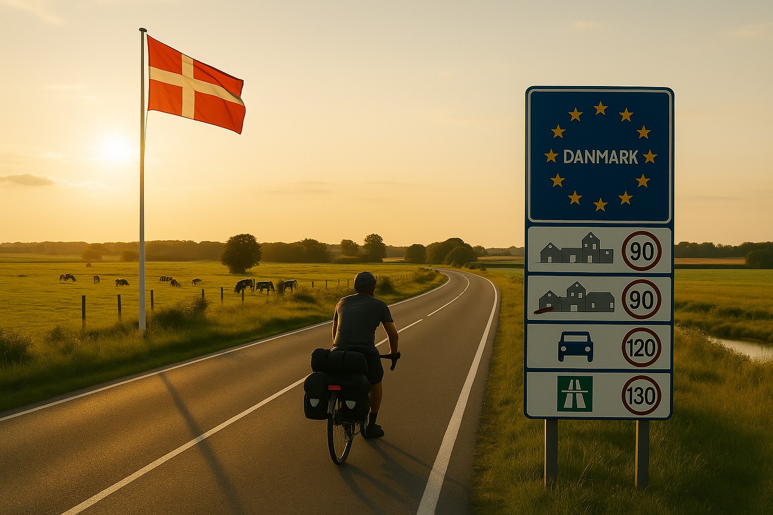 Der Grenzübergang zu Dänemark mit Hinweistafel zu den Verkehrsregeln und der Flagge von Dänemark. Ein Bikepacker radelt dem Sonnenlicht entgegen.
