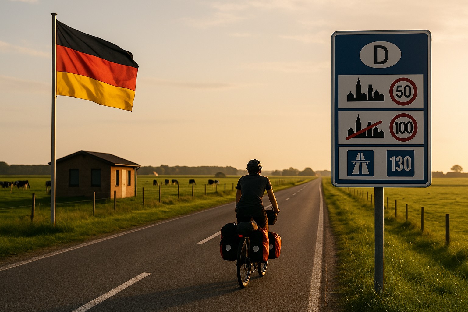 Der Grenzübergang zu Deutschland mit Hinweistafel zu den Verkehrsregeln und der Flagge von Deutschland. Ein Bikepacker radelt dem Sonnenlicht entgegen.