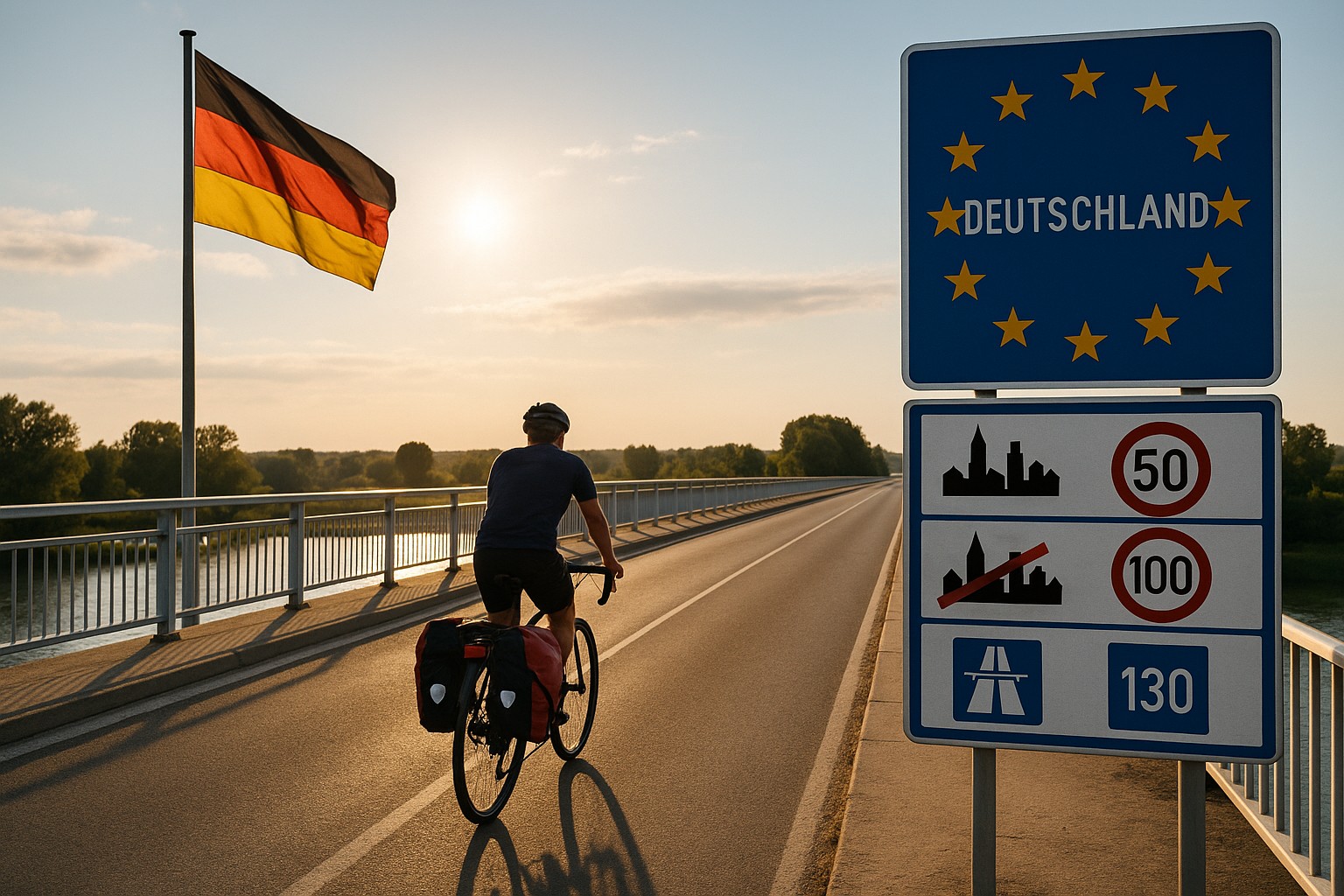 Der Grenzübergang zu Deuschland mit Hinweistafel zu den Verkehrsregeln und der Flagge von Deutschland. Ein Bikepacker radelt dem Sonnenlicht entgegen.