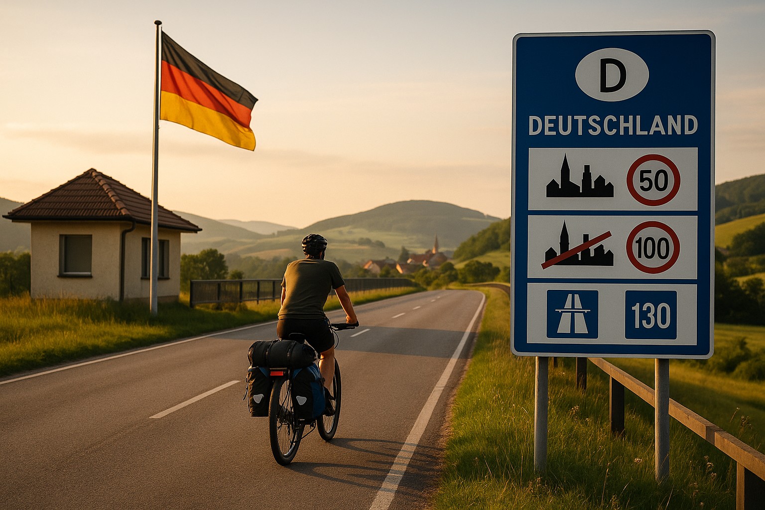 Der Grenzübergang zu Deuschland mit Hinweistafel zu den Verkehrsregeln und der Flagge von Deutschland. Ein Bikepacker radelt dem Sonnenlicht entgegen.