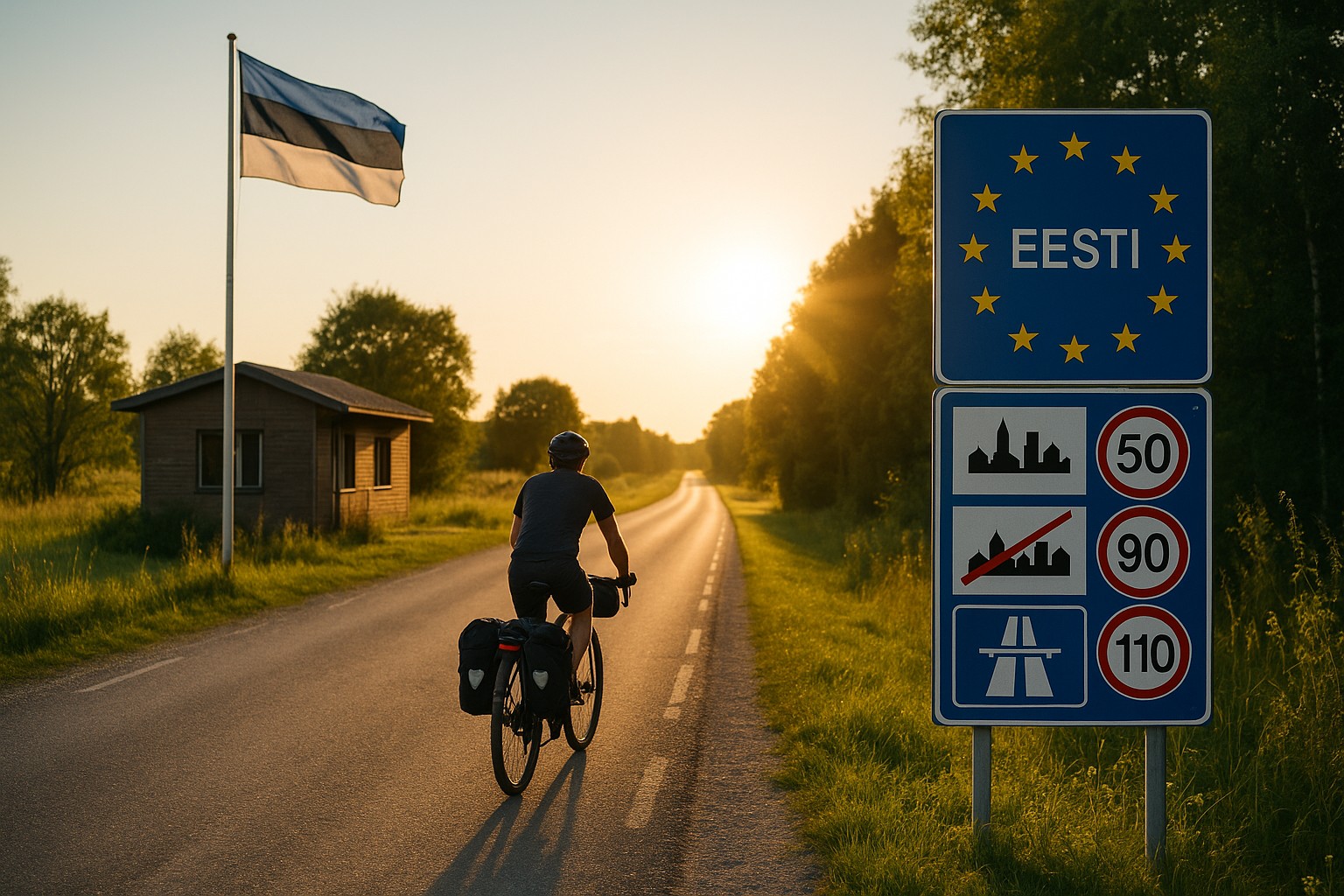 Der Grenzübergang zu Estland mit Hinweistafel zu den Verkehrsregeln und der Flagge von Estland. Ein Bikepacker radelt dem Sonnenlicht entgegen.