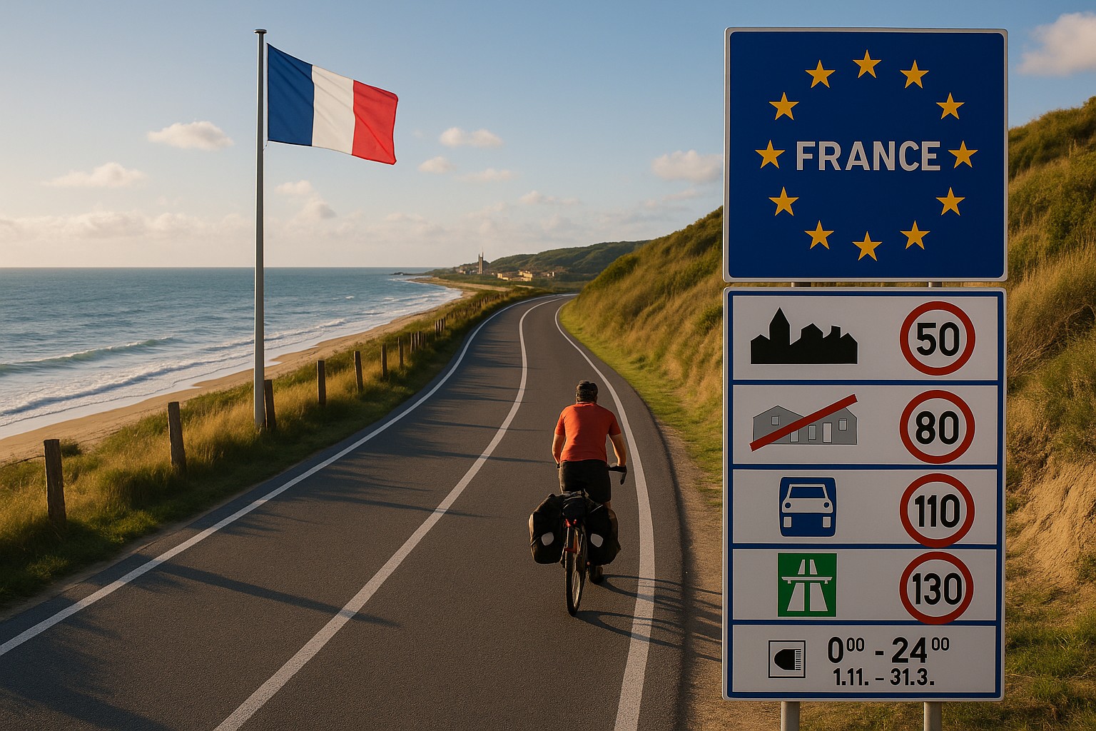 Der Grenzübergang zu Frankreich mit Hinweistafel zu den Verkehrsregeln und der Flagge von Frankreich. Ein Bikepacker radelt dem Sonnenlicht entgegen.