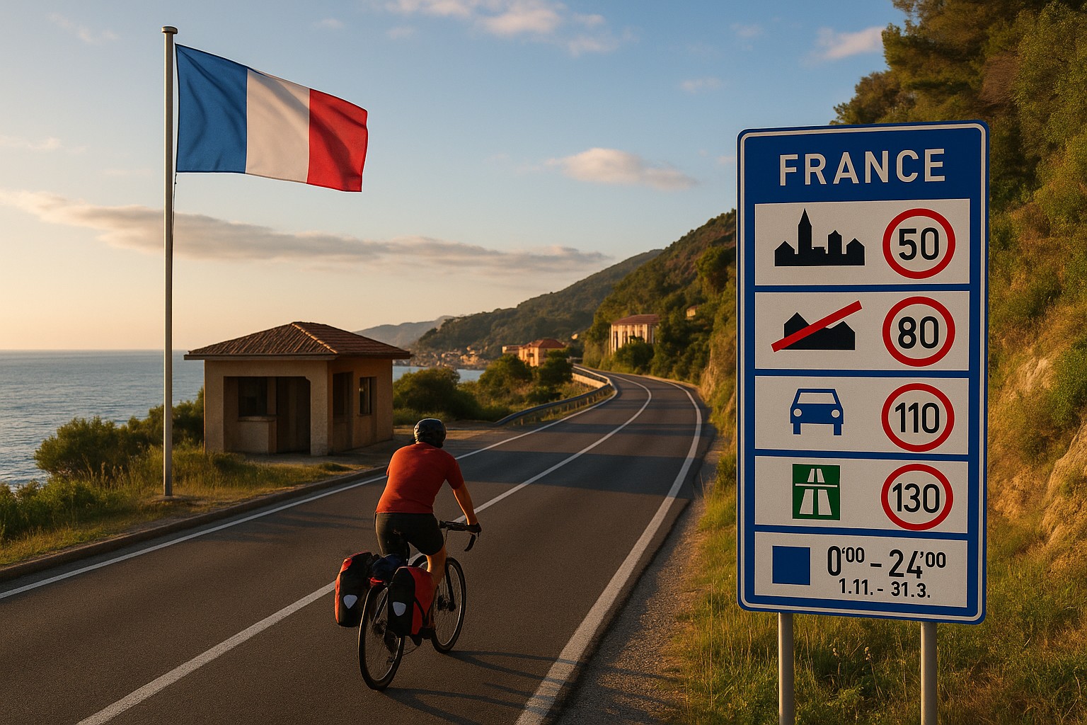 Der Grenzübergang zu Frankreich mit Hinweistafel zu den Verkehrsregeln und der Flagge von Frankreich. Ein Bikepacker radelt dem Sonnenlicht entgegen.