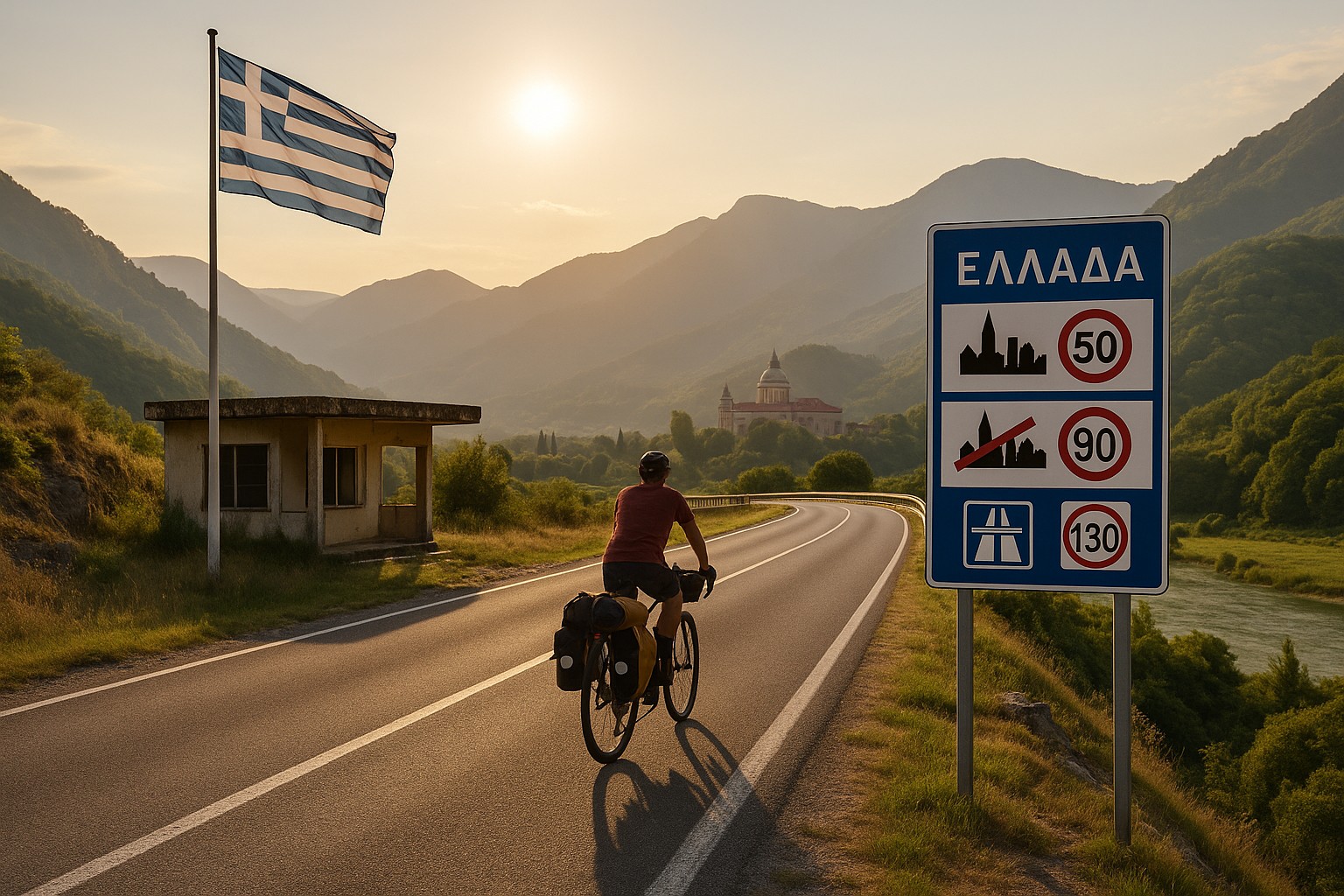 Der Grenzübergang zu Griechenland mit Hinweistafel zu den Verkehrsregeln und der Flagge von Griechenland. Ein Bikepacker radelt dem Sonnenlicht entgegen.