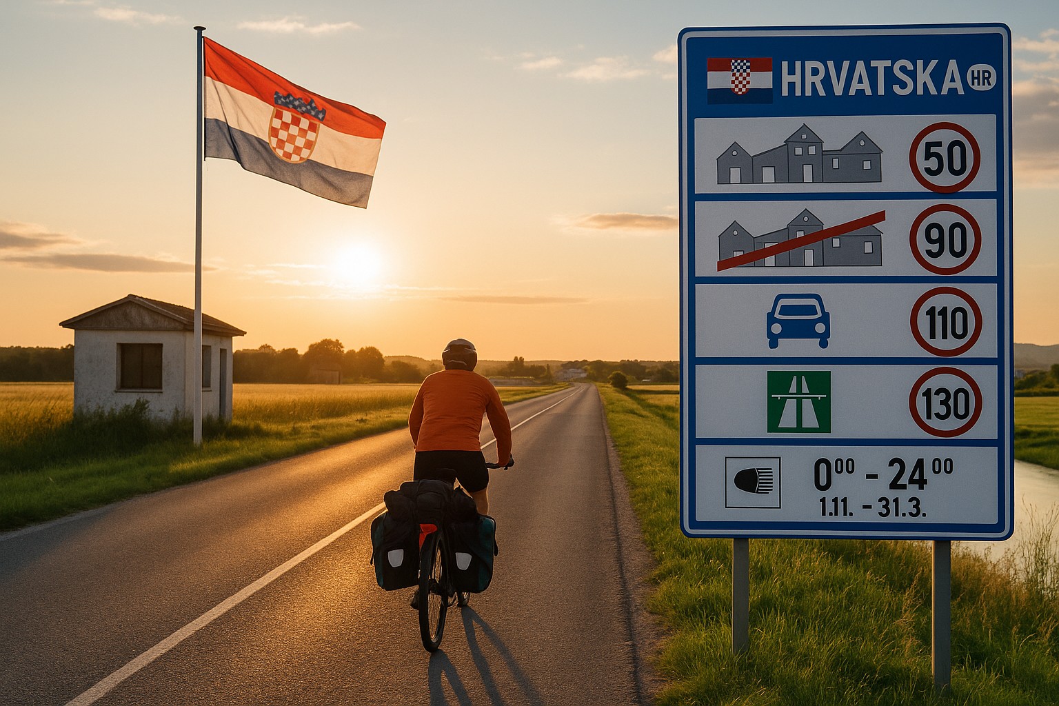 Der Grenzübergang zu Kroatien mit Hinweistafel zu den Verkehrsregeln und der Flagge von Kroatien. Ein Bikepacker radelt dem Sonnenlicht entgegen.