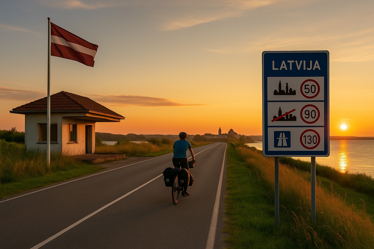 Der Grenzübergang zu Lettland mit Hinweistafel zu den Verkehrsregeln und der Flagge von Lettland. Ein Bikepacker radelt dem Sonnenlicht entgegen.