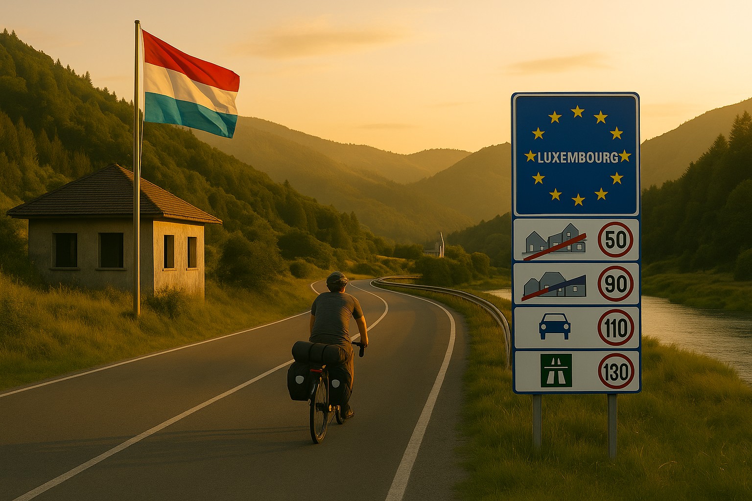 Der Grenzübergang zu Luxemburg mit Hinweistafel zu den Verkehrsregeln und der Flagge von Luxemburg. Ein Bikepacker radelt dem Sonnenlicht entgegen.