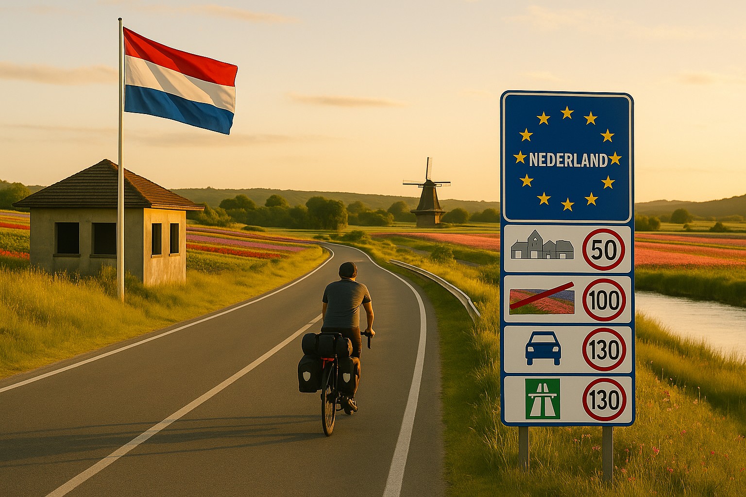 Der Grenzübergang zu Niederlanden mit Hinweistafel zu den Verkehrsregeln und der Flagge von Niederlanden. Ein Bikepacker radelt dem Sonnenlicht entgegen.