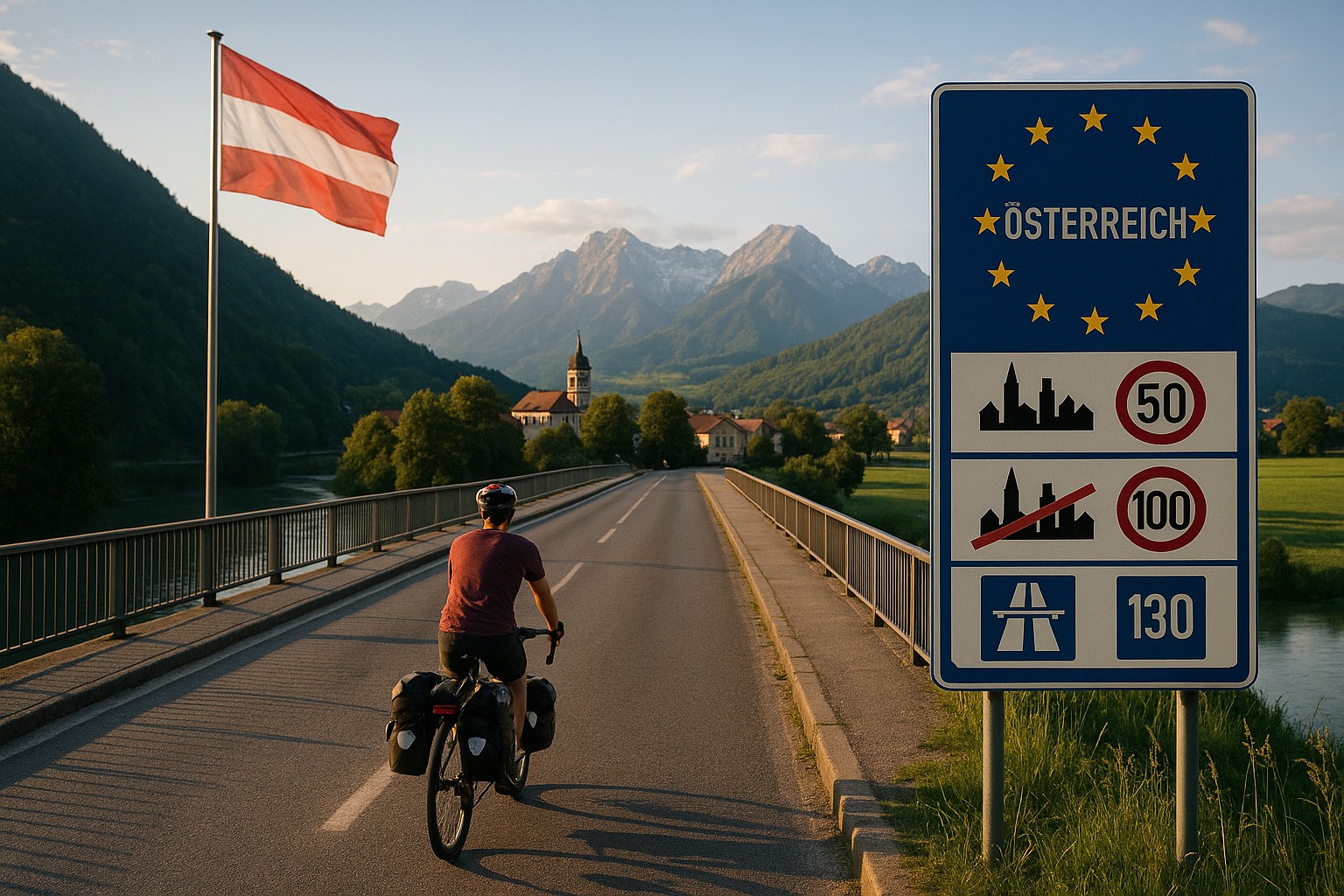Der Grenzübergang zu Österreich mit Hinweistafel zu den Verkehrsregeln und der Flagge von Österreich. Ein Bikepacker radelt dem Sonnenlicht entgegen.
