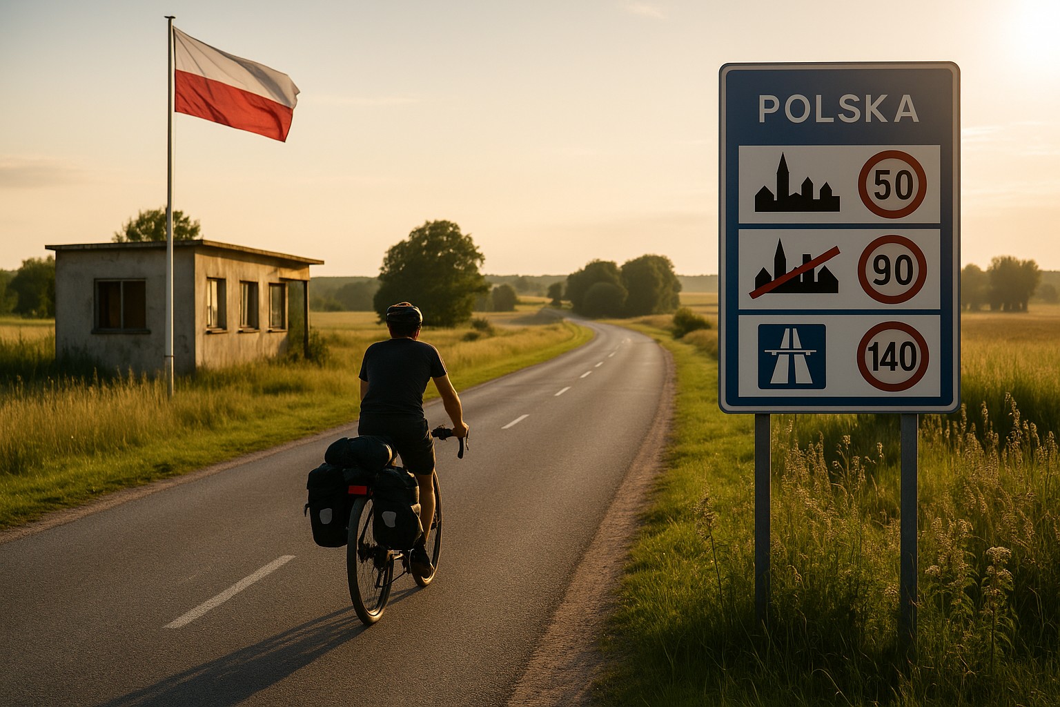 Der Grenzübergang zu Polen mit Hinweistafel zu den Verkehrsregeln und der Flagge von Polen. Ein Bikepacker radelt dem Sonnenlicht entgegen.