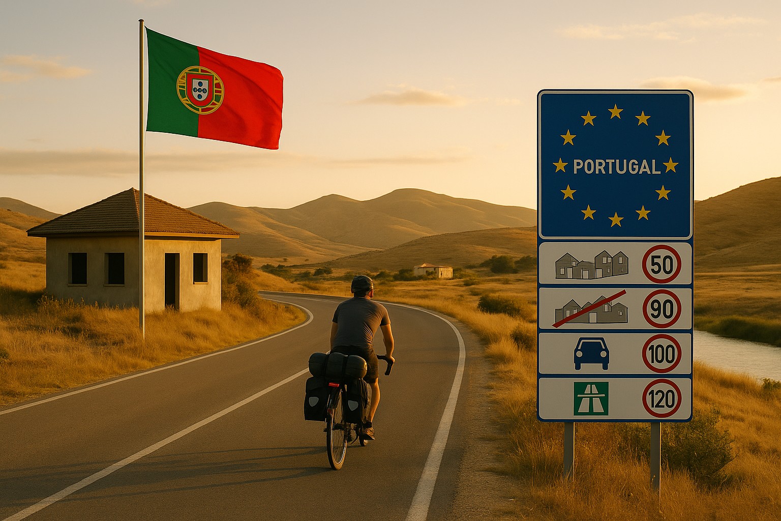 Der Grenzübergang zu Portugal mit Hinweistafel zu den Verkehrsregeln und der Flagge von Portugal. Ein Bikepacker radelt dem Sonnenlicht entgegen.
