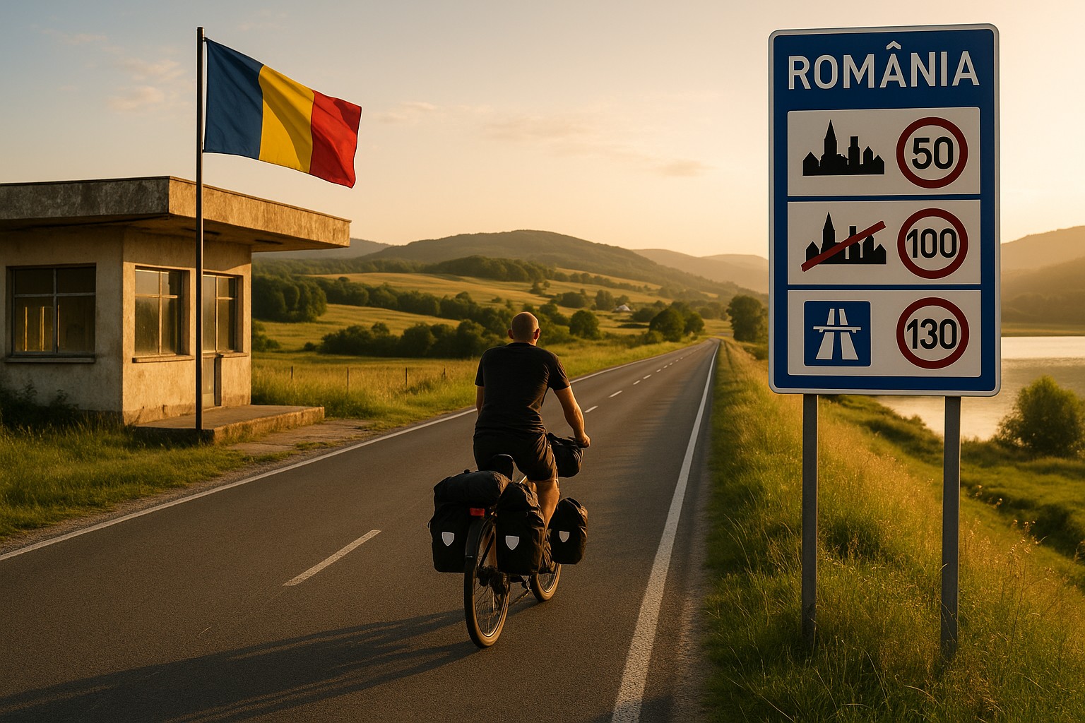 Der Grenzübergang zu Rumänien mit Hinweistafel zu den Verkehrsregeln und der Flagge von Rumänien. Ein Bikepacker radelt dem Sonnenlicht entgegen.