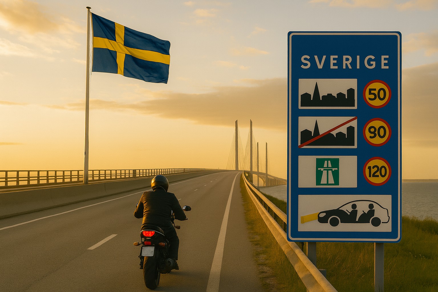 Der Grenzübergang zu Schweden mit Hinweistafel zu den Verkehrsregeln und der Flagge von Schweden. Ein Motorradfahrer fährt dem Sonnenlicht entgegen.