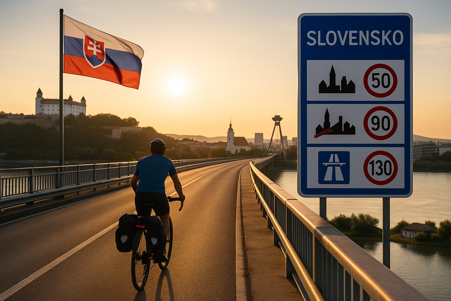 Der Grenzübergang zu der Slowakei mit Hinweistafel zu den Verkehrsregeln und der Flagge von der Slowakei. Ein Bikepacker radelt dem Sonnenlicht entgegen.