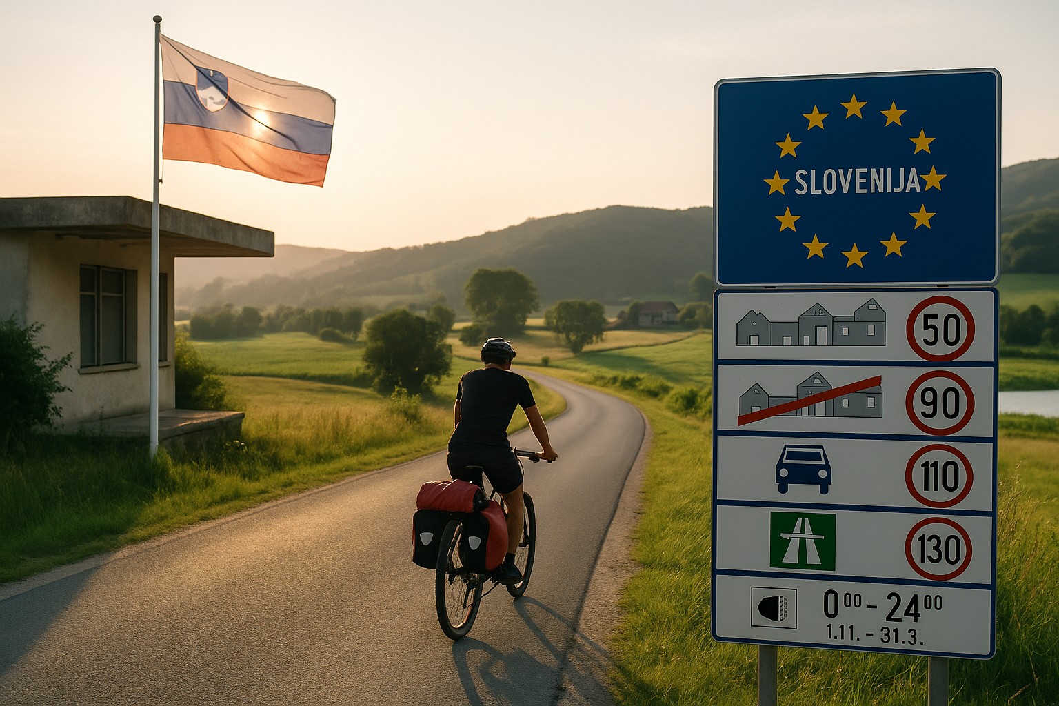Der Grenzübergang zu Slowenien mit Hinweistafel zu den Verkehrsregeln und der Flagge von Slowenien. Ein Bikepacker radelt dem Sonnenlicht entgegen.