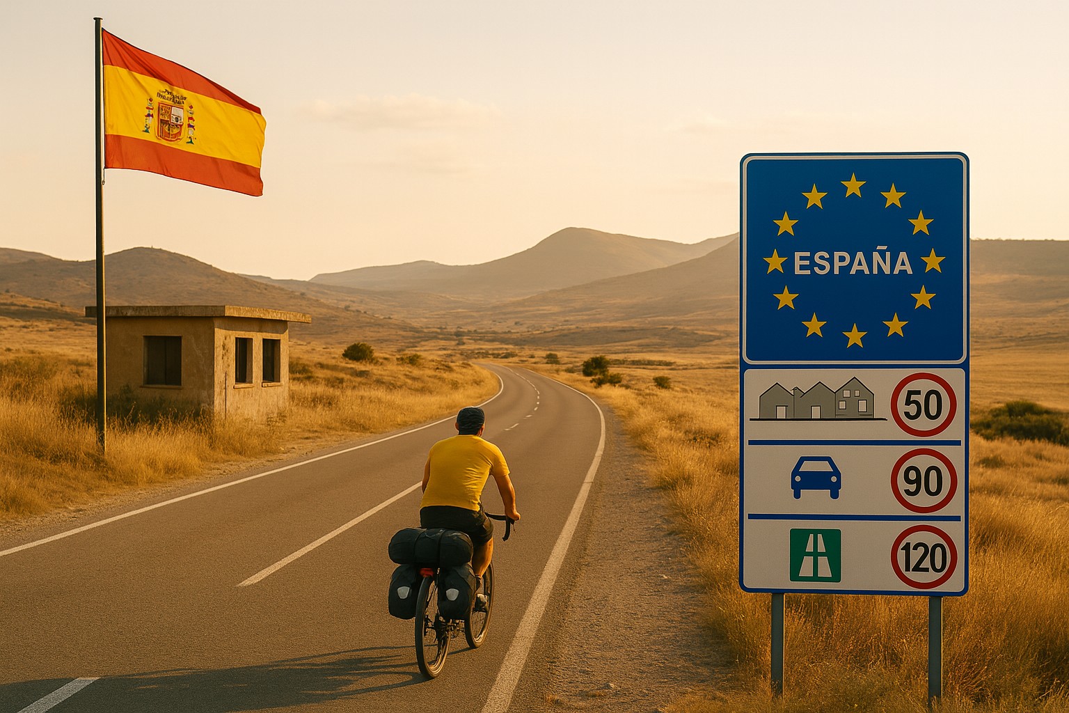 Der Grenzübergang zu Spanien mit Hinweistafel zu den Verkehrsregeln und der Flagge von Spanien. Ein Bikepacker radelt dem Sonnenlicht entgegen.
