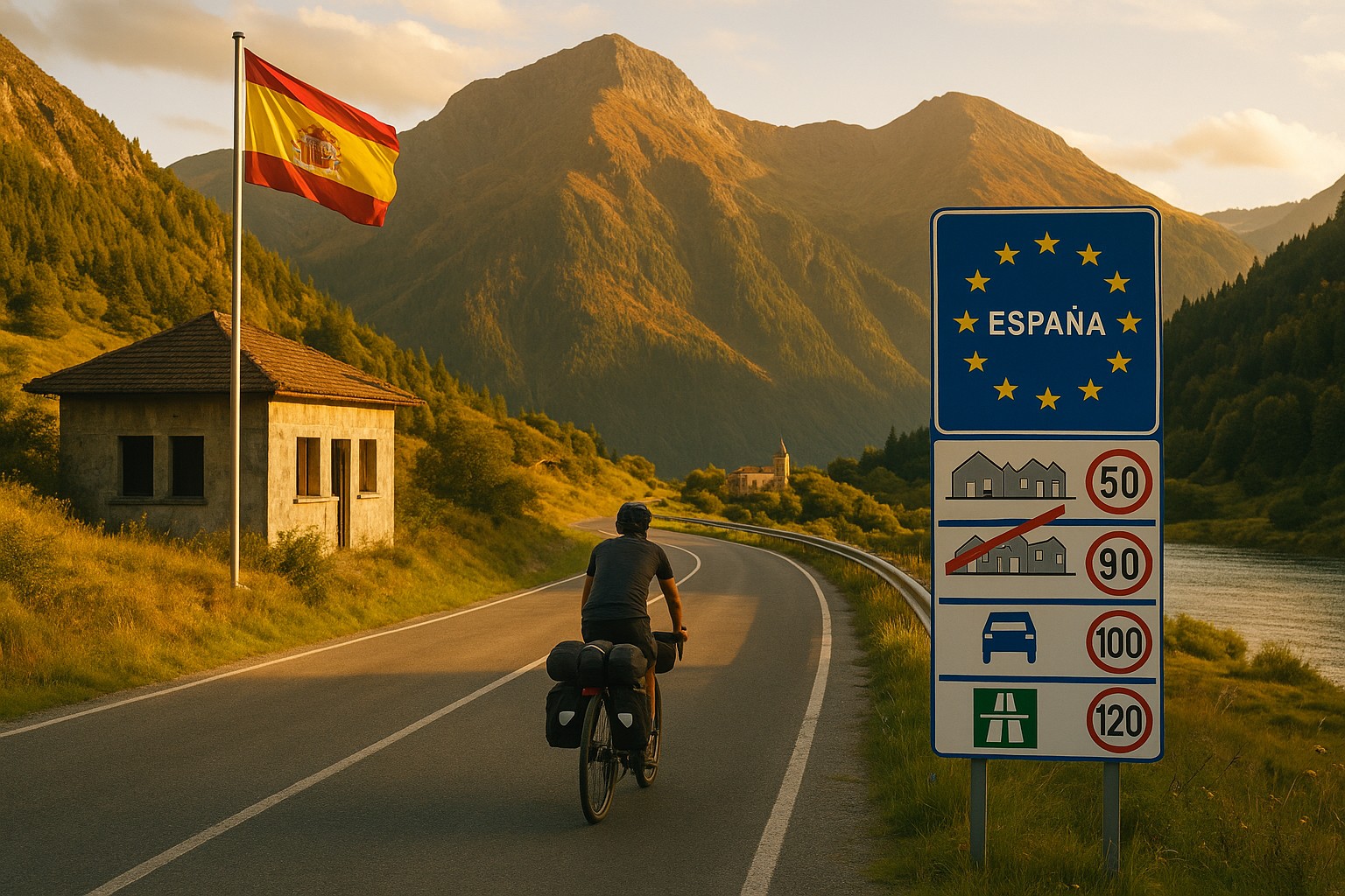 Der Grenzübergang zu Spanien mit Hinweistafel zu den Verkehrsregeln und der Flagge von Spanien. Ein Bikepacker radelt dem Sonnenlicht entgegen.
