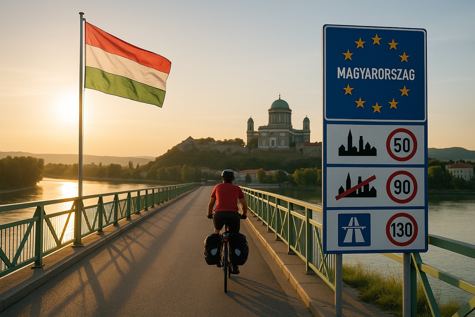 Der Grenzübergang zu Ungarn mit Hinweistafel zu den Verkehrsregeln und der Flagge von Ungarn. Ein Bikepacker radelt dem Sonnenlicht entgegen.