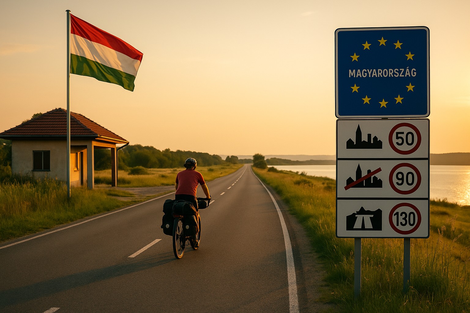 Der Grenzübergang zu Ungarn mit Hinweistafel zu den Verkehrsregeln und der Flagge von Ungarn. Ein Bikepacker radelt dem Sonnenlicht entgegen.