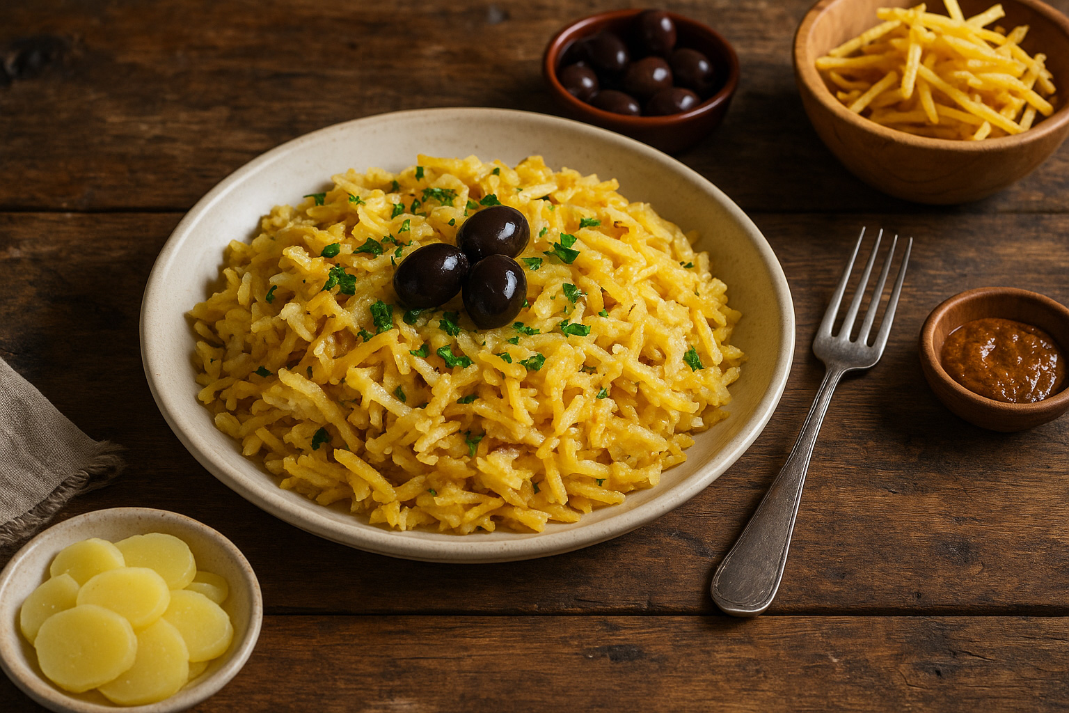 Bacalhau à Brás, das traditionelle Hauptgericht in Portugal. Fein zerpflückter Stockfisch mit Zwiebeln, Kartoffelsticks und Ei