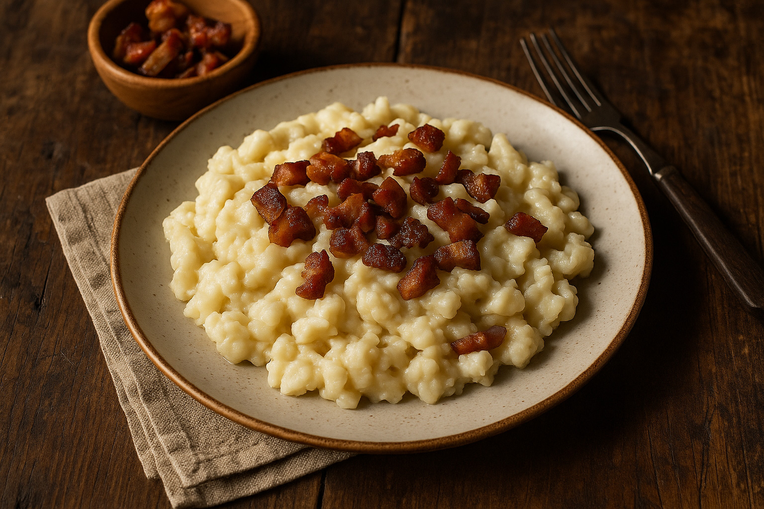 Bryndzové halušky, das traditionelle Hauptgericht in der Slowakei. Kartoffel-Schupfnudeln mit Schafskäse (Bryndza) und Speck.