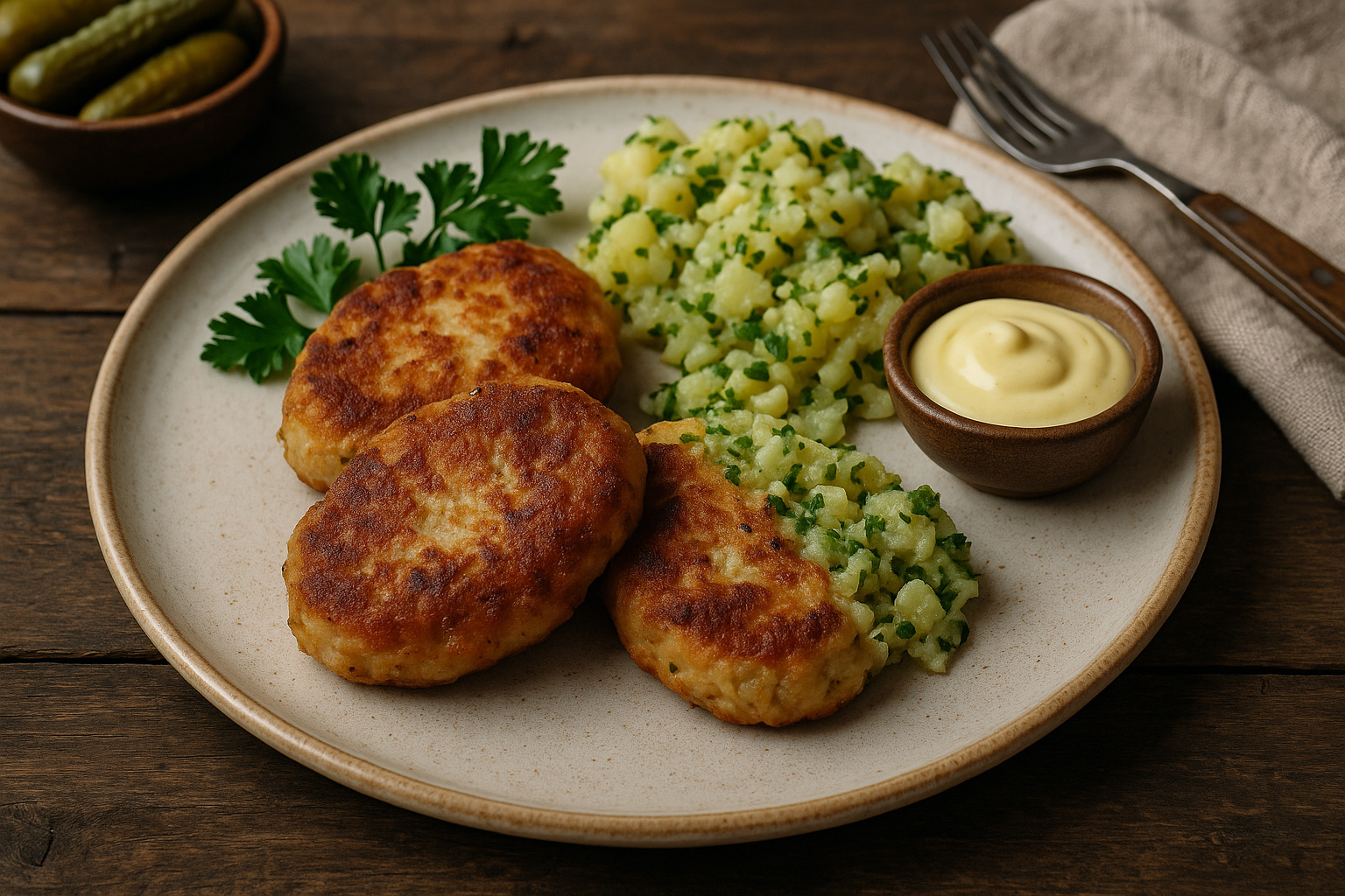 Fiskefrikadeller, das traditionelle Hauptgericht in Dänemark. Würzige Fleischklöße aus Schweine- oder Kalbfleisch.