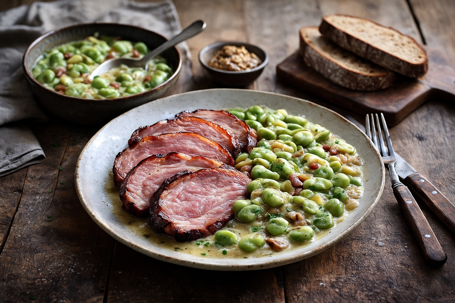 Judd mat Gaardebounen, das traditionelle Hauptgericht in n Luxemburg. Gekochter und geräucherter Schweinekamm mit Saubohnen.