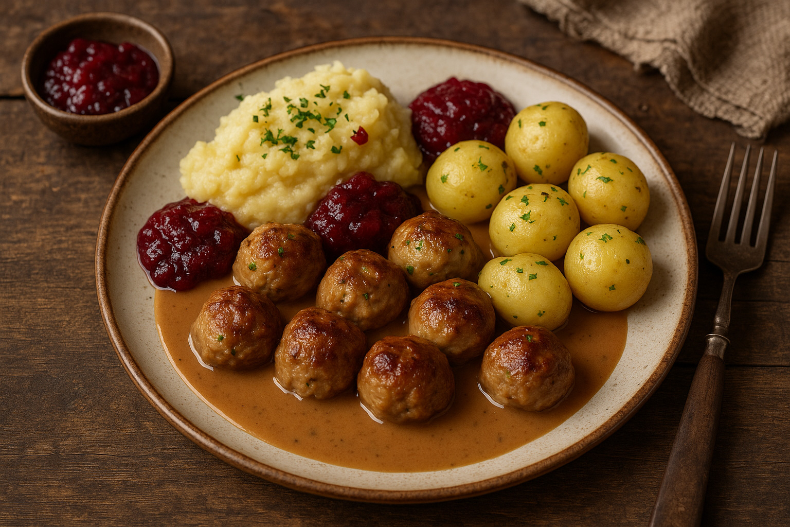 Köttbullar, das traditionelle Hauptgericht in Schweden. Schwedische Fleischbällchen aus Rind- und Schweinefleisch, serviert mit Kartoffeln und Rahmsoße.