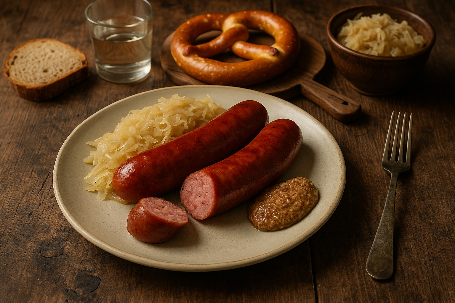 Kranjska klobasa, das traditionelle Hauptgericht in Slowenien. Gefüllte Teigrollen, oft mit Quark, Kräutern oder Nüssen