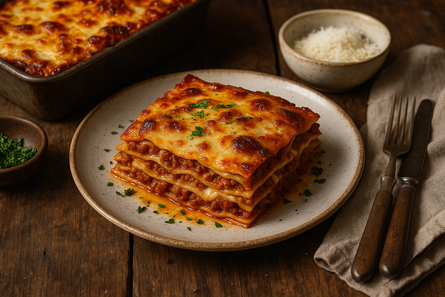 Lasagne alla Bolognese, das traditionelle Hauptgericht in Italien. Geschichteter Nudelauflauf mit Ragù, Béchamel und Käse.