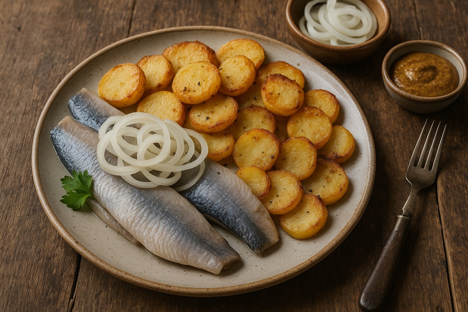 Matjesfilets, das traditionelle Hauptgericht in Norddeutschland. Mild gesalzener junger Hering, oft mit Zwiebeln und Bratkartoffeln.